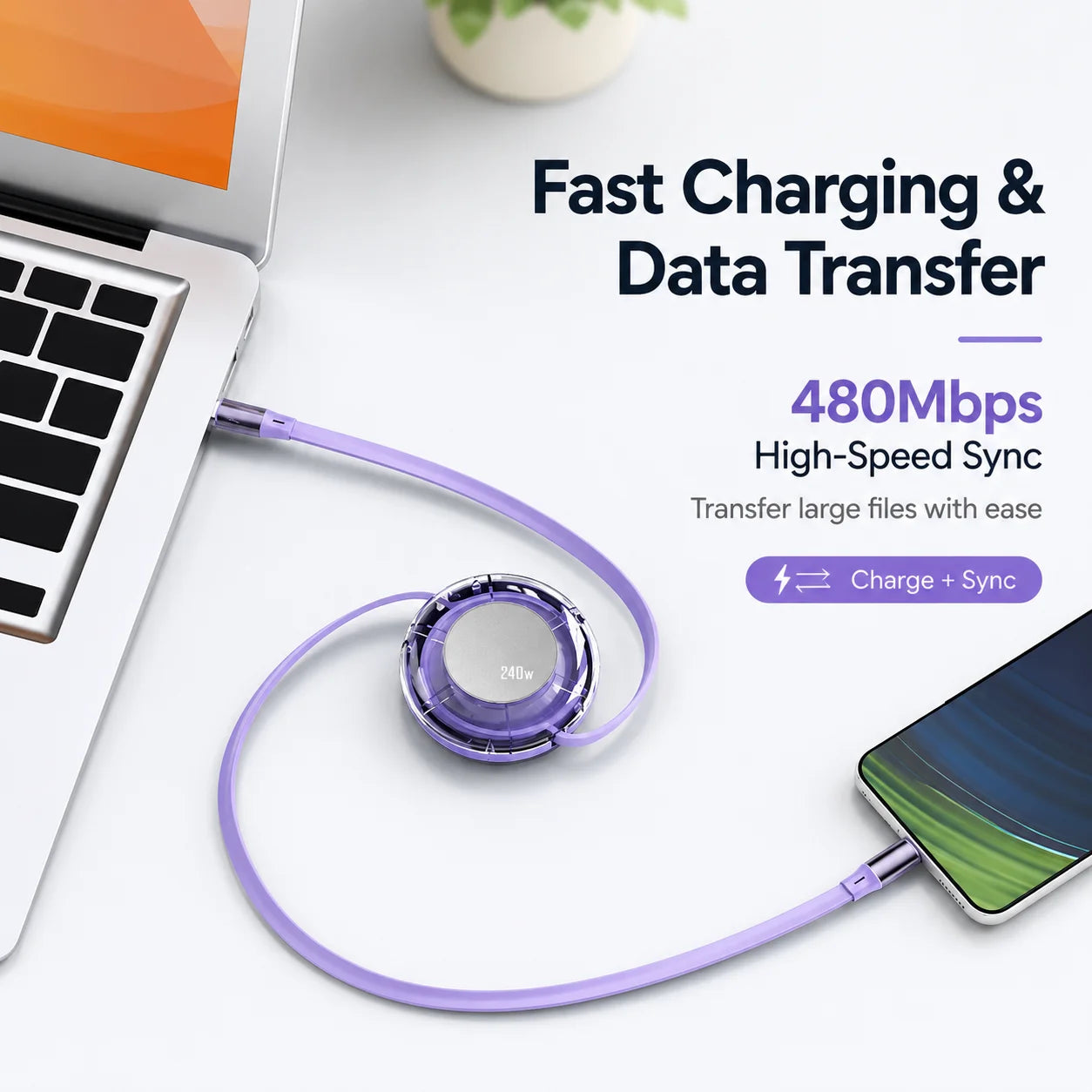 Retractable USB C Cable 240W Max Type C to Type C Fast Charging Cord, E-Marker Charger for Phone Tablet Laptop, 480Mbps Data