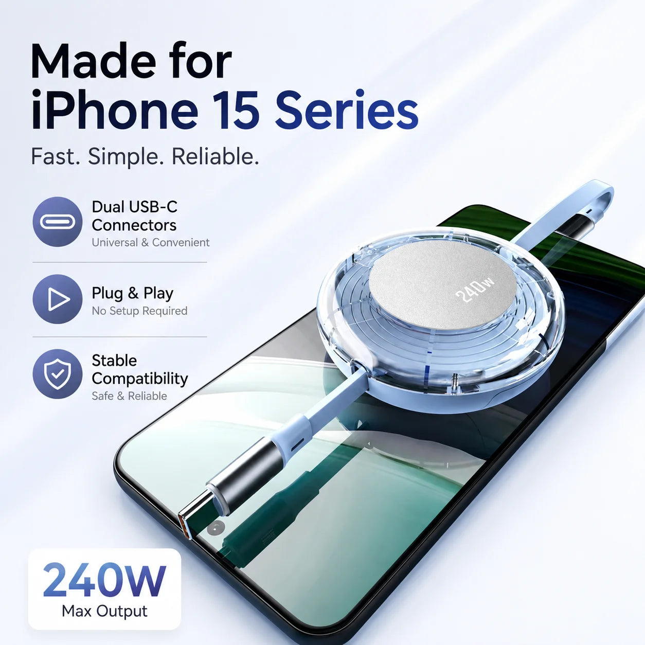 Retractable USB C Cable 240W Max Type C to Type C Fast Charging Cord, E-Marker Charger for Phone Tablet Laptop, 480Mbps Data
