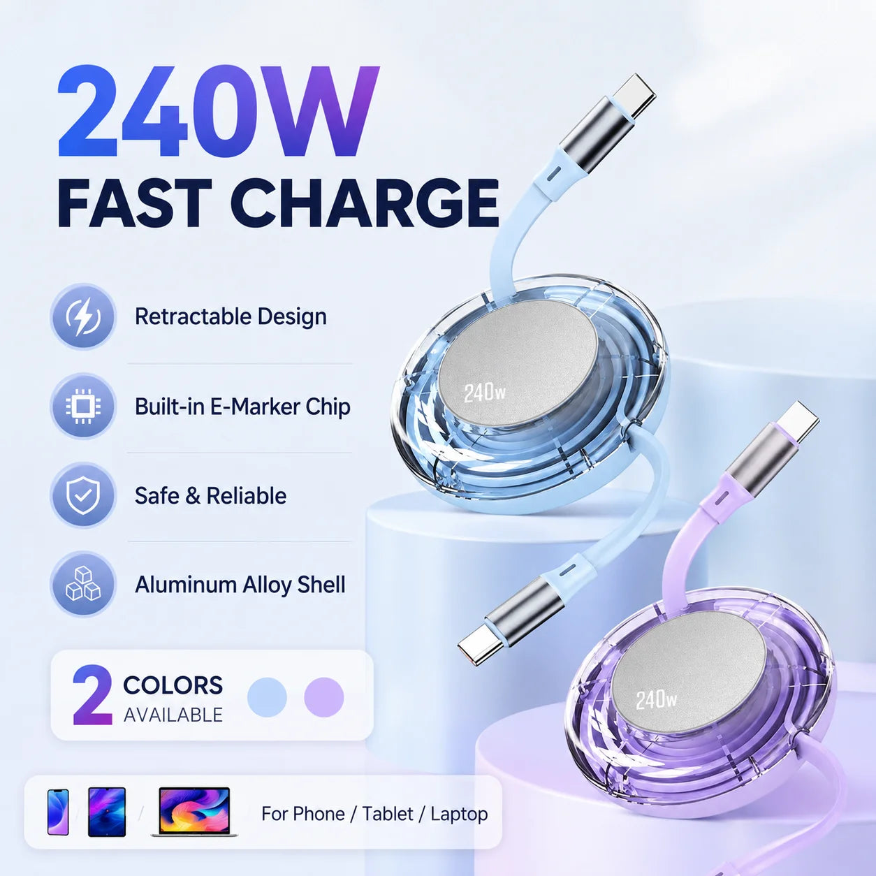 Retractable USB C Cable 240W Max Type C to Type C Fast Charging Cord, E-Marker Charger for Phone Tablet Laptop, 480Mbps Data