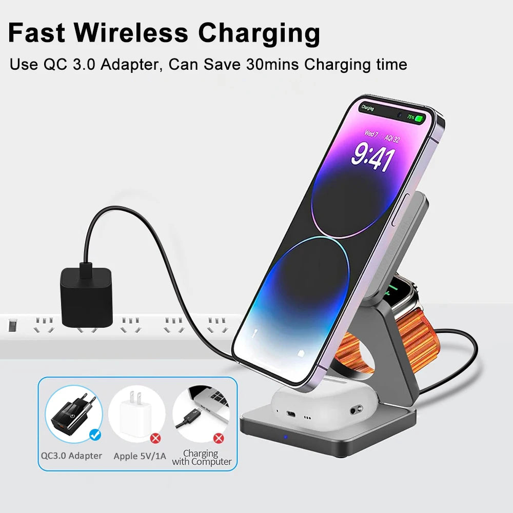 Wireless Foldable Magnetic Wireless Charging Station for iPhone 15 14 13 12 Pro Max Apple Watch 8 9 Charger