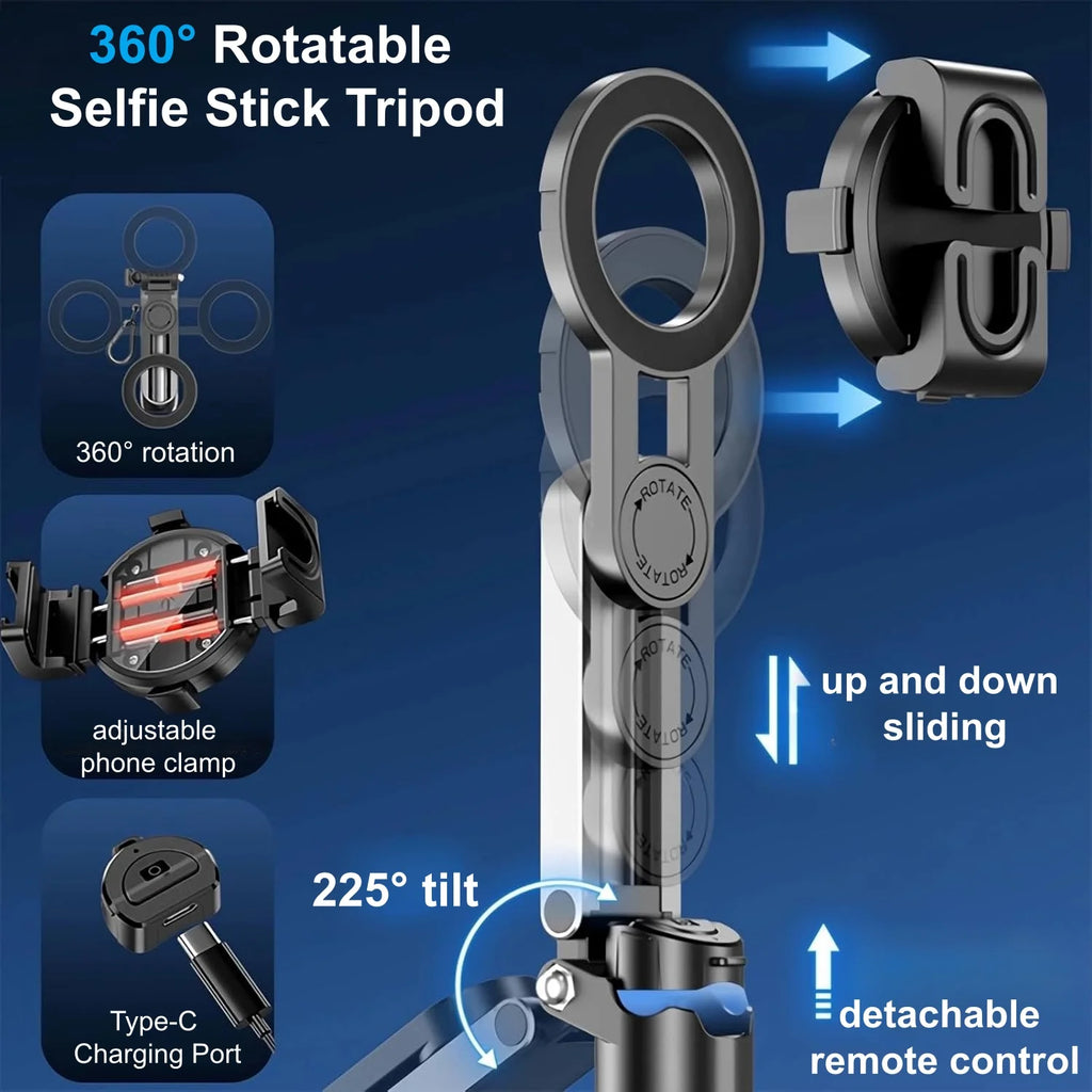 4-in-1 Magnetic Mini Selfie Stick Tripod for iPhone Android, Pocket Phone Grip Magsafe Tripod with Remote for Vlog Videos