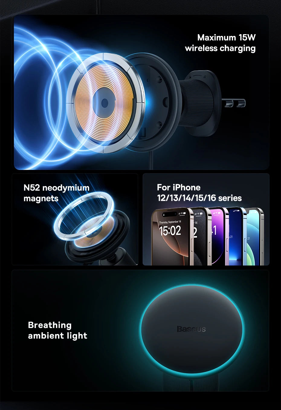 Baseus 15W Magnetic Wireless Car Charger with Ambient Light Ring – iPhone 13–16