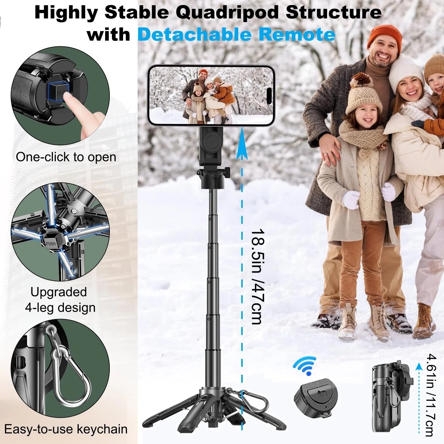 4-in-1 Magnetic Mini Selfie Stick Tripod for iPhone Android, Pocket Phone Grip Magsafe Tripod with Remote for Vlog Videos