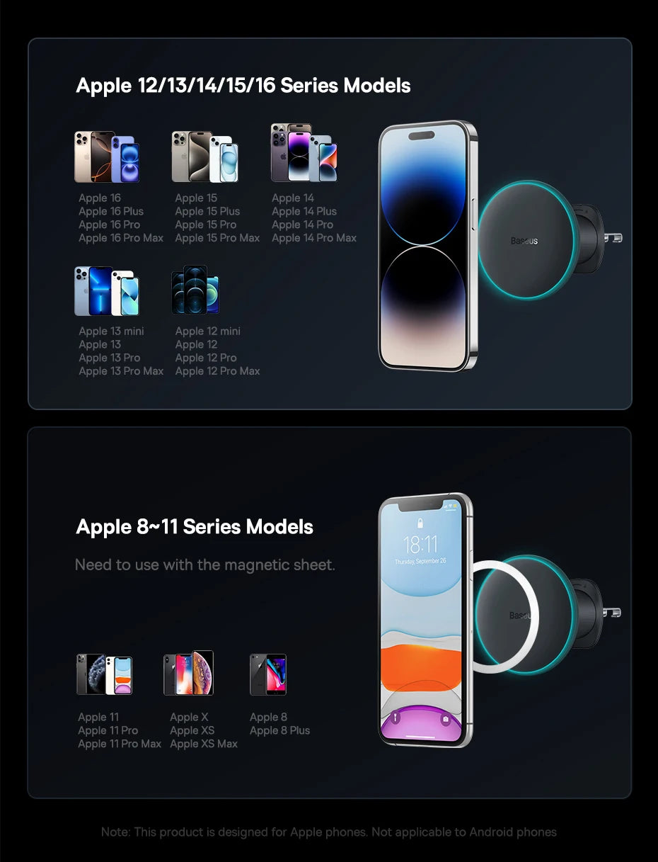 Baseus 15W Magnetic Wireless Car Charger with Ambient Light Ring – iPhone 13–16