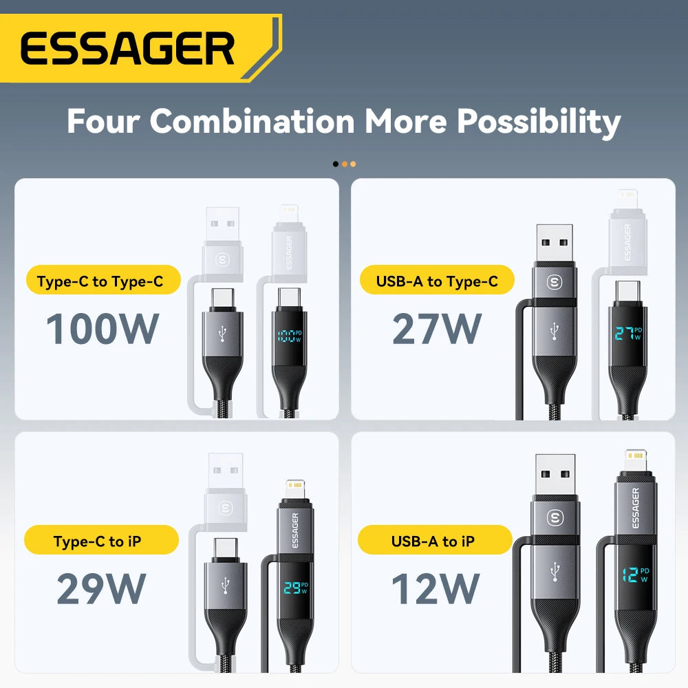 Essager 4 In 1 Digital Display USB Cable Type C 100W Fast Charging