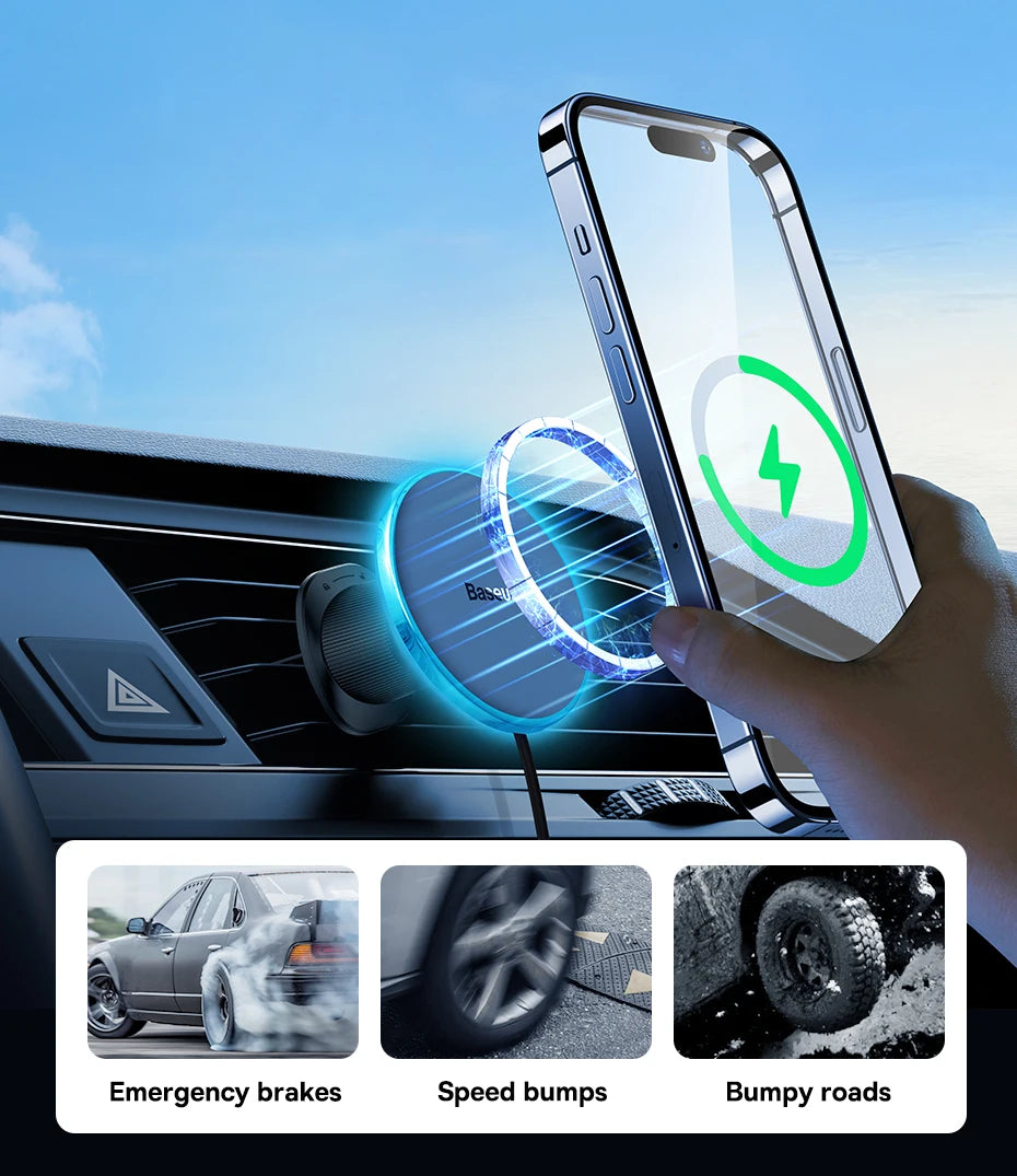 Baseus 15W Magnetic Wireless Car Charger with Ambient Light Ring – iPhone 13–16