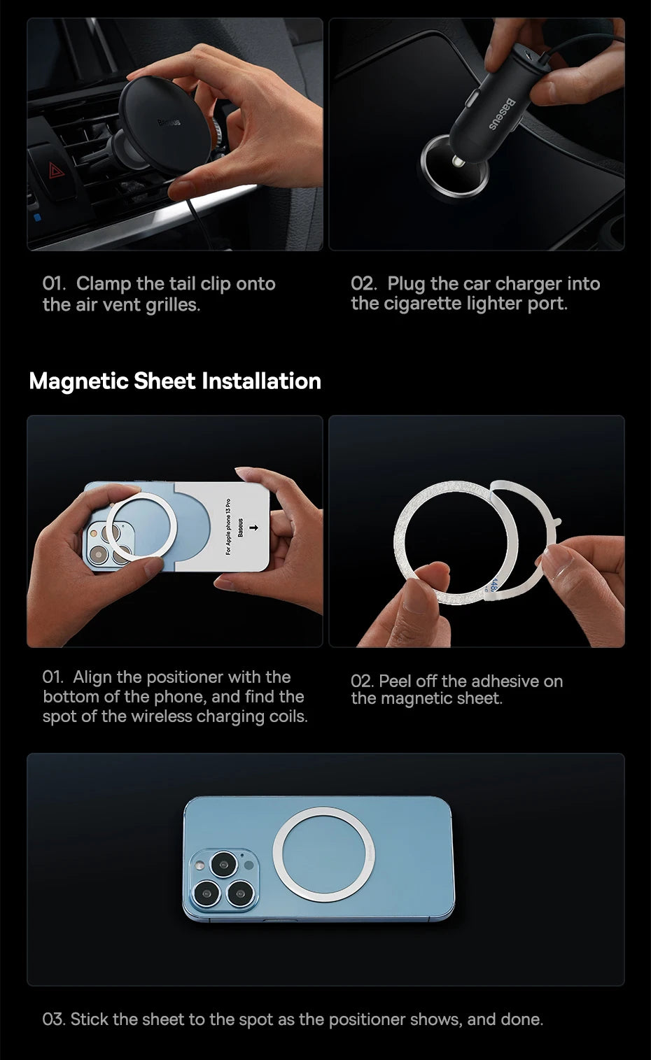 Baseus 15W Magnetic Wireless Car Charger with Ambient Light Ring – iPhone 13–16