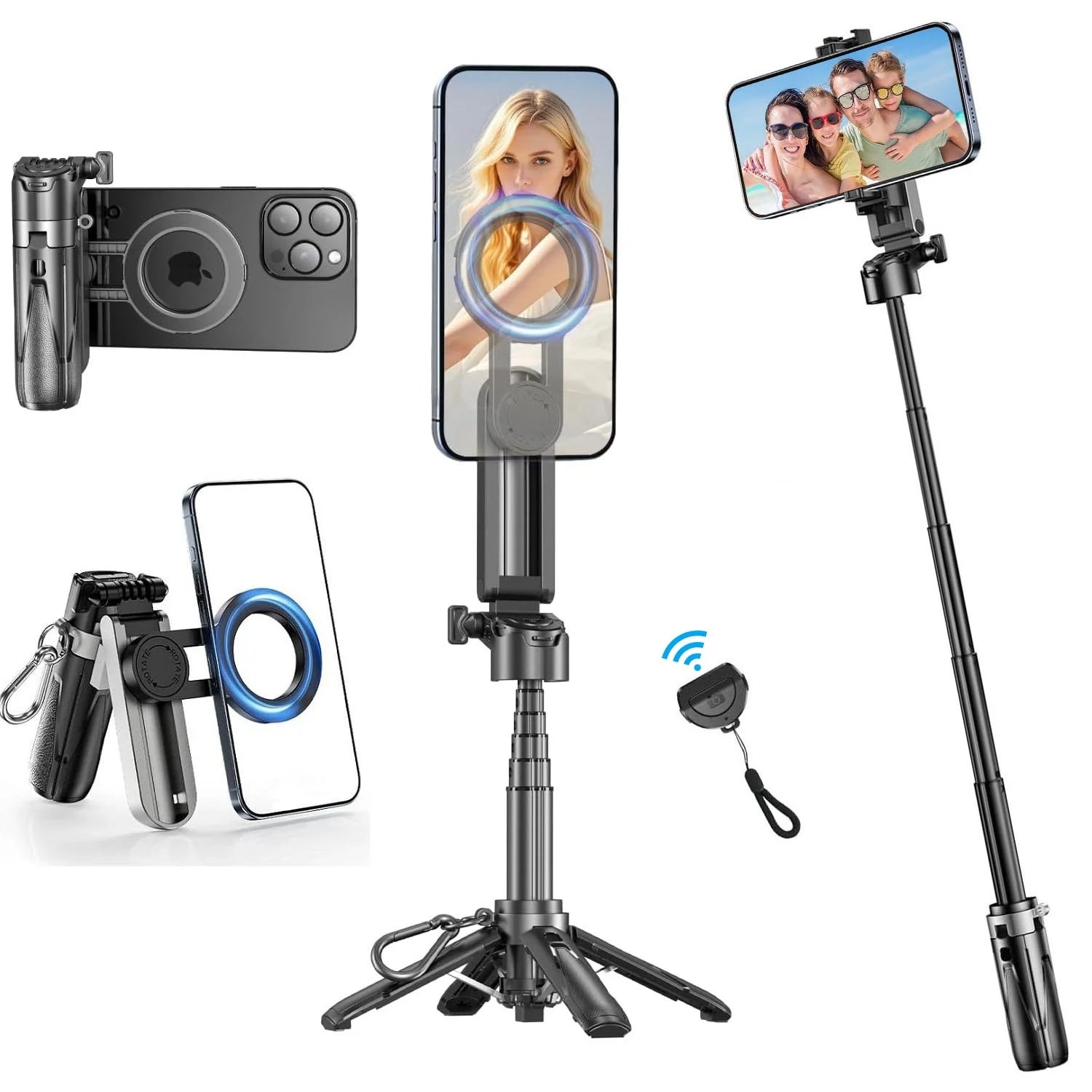 4-in-1 Magnetic Mini Selfie Stick Tripod for iPhone Android, Pocket Phone Grip Magsafe Tripod with Remote for Vlog Videos