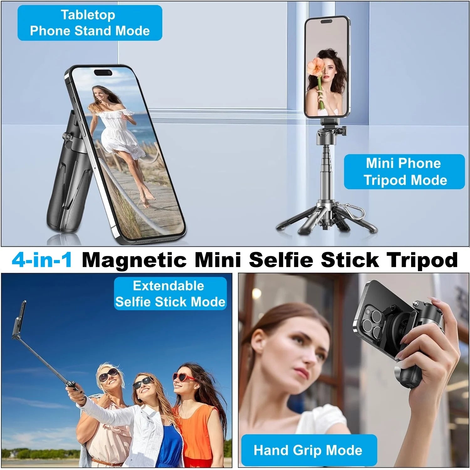 4-in-1 Magnetic Mini Selfie Stick Tripod for iPhone Android, Pocket Phone Grip Magsafe Tripod with Remote for Vlog Videos