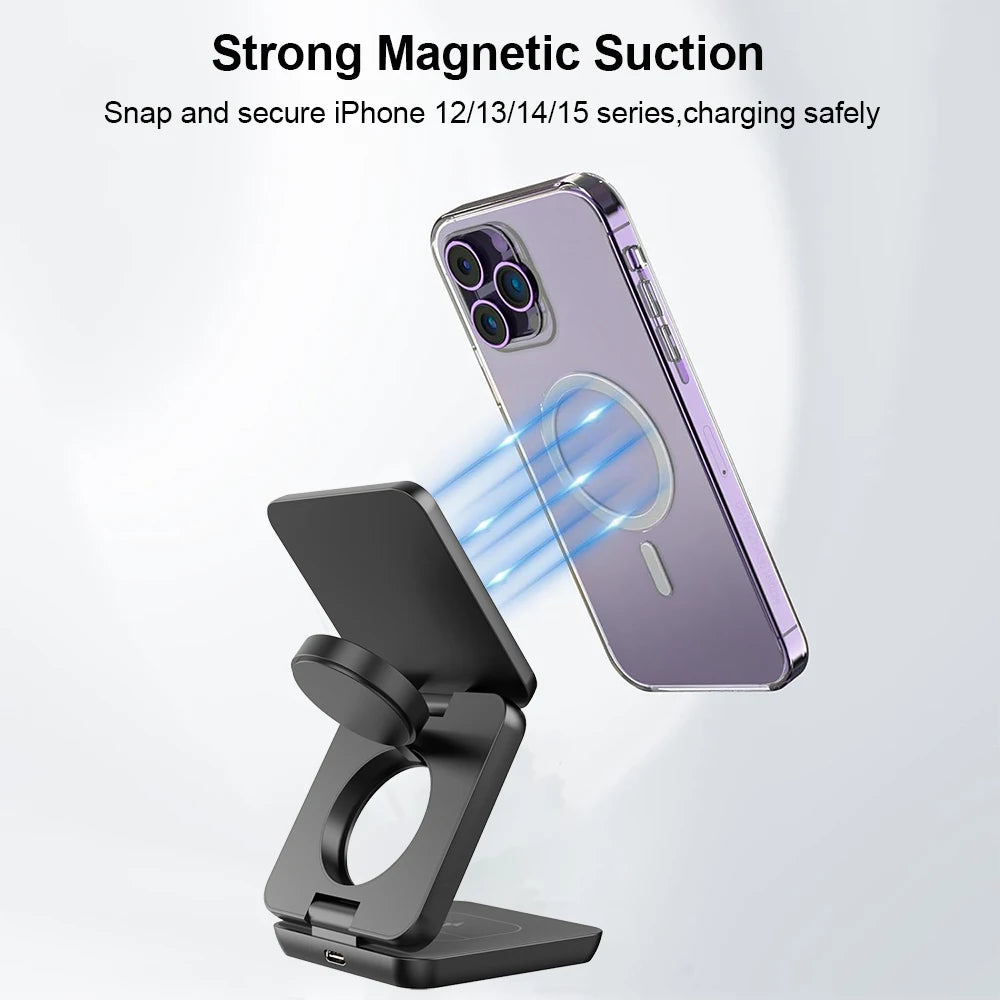 Wireless Foldable Magnetic Wireless Charging Station for iPhone 15 14 13 12 Pro Max Apple Watch 8 9 Charger
