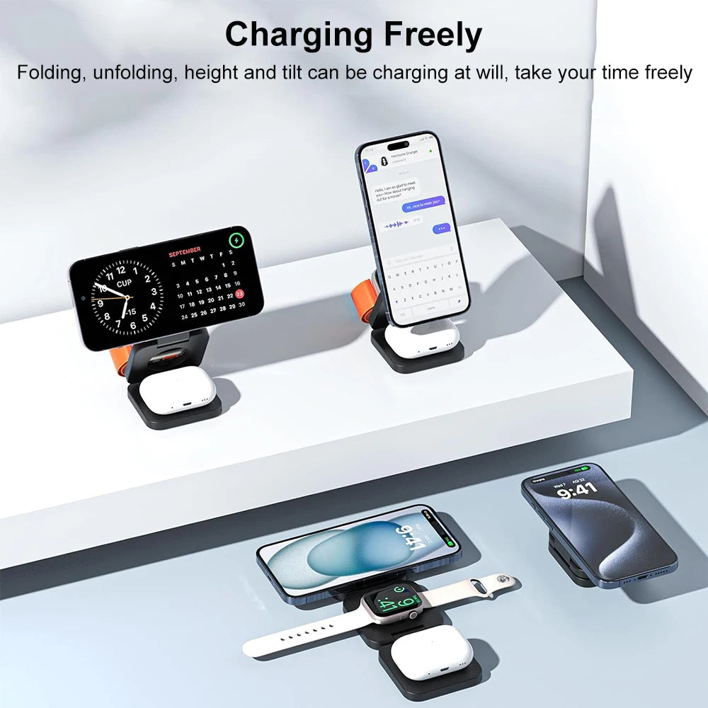 Wireless Foldable Magnetic Wireless Charging Station for iPhone 15 14 13 12 Pro Max Apple Watch 8 9 Charger