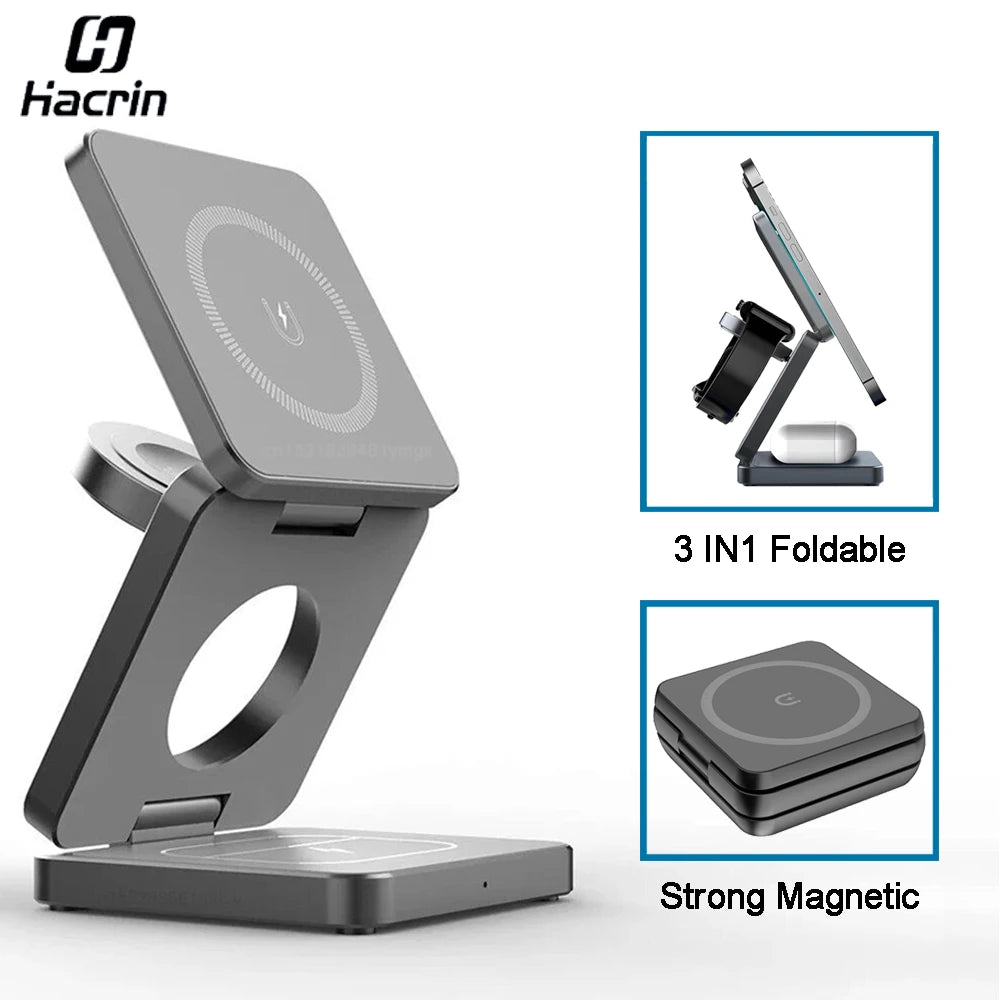 Wireless Foldable Magnetic Wireless Charging Station for iPhone 15 14 13 12 Pro Max Apple Watch 8 9 Charger