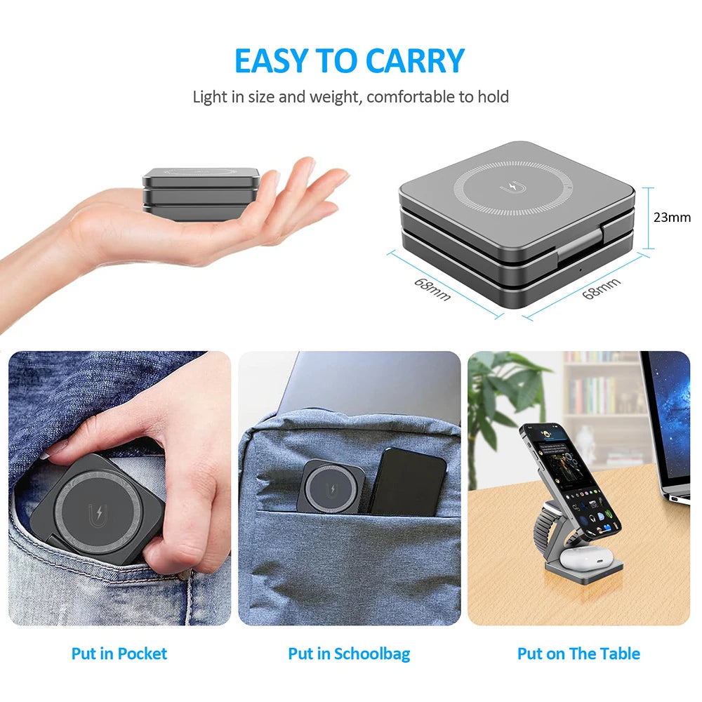Wireless Foldable Magnetic Wireless Charging Station for iPhone 15 14 13 12 Pro Max Apple Watch 8 9 Charger
