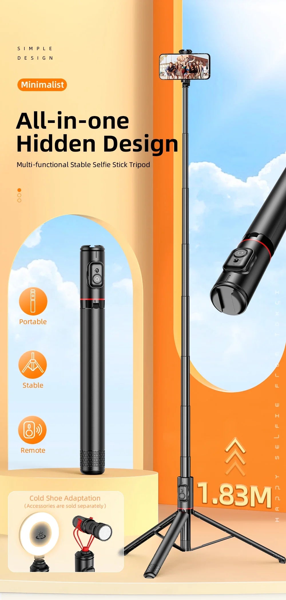 Selfie Stick 1.83m Aluminum Alloy Telescopic Stick Tripod with Bluetooth Remote for Smartphones Video Recording Live Streaming