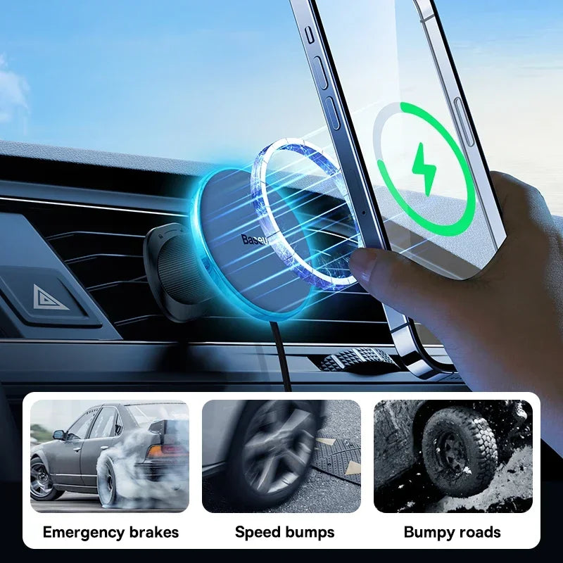 Baseus 15W Magnetic Wireless Car Charger with Ambient Light Ring – iPhone 13–16