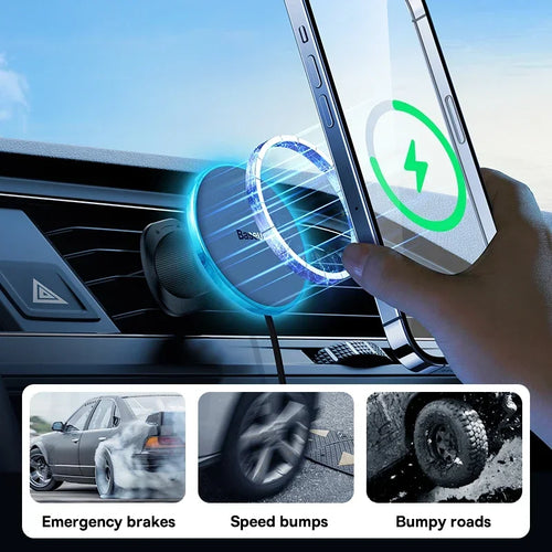 Baseus 15W Magnetic Wireless Car Charger with Ambient Light Ring – iPhone 13–16