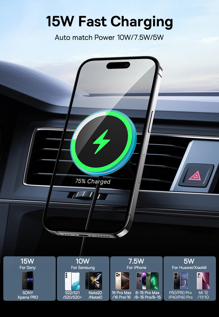 Baseus 15W Magnetic Wireless Car Charger with Ambient Light Ring – iPhone 13–16