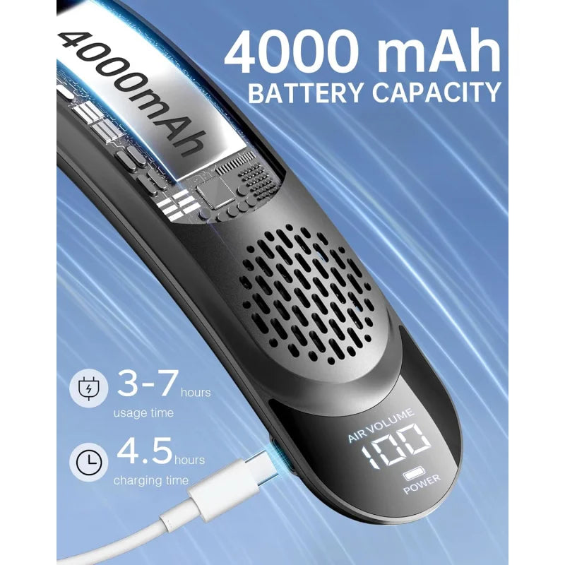 4000mAh Bladeless Portable Neck Fan 3 Gears Adjustable Super Multi-Function Digital Display Rechargable Neck Fan for Outdoor
