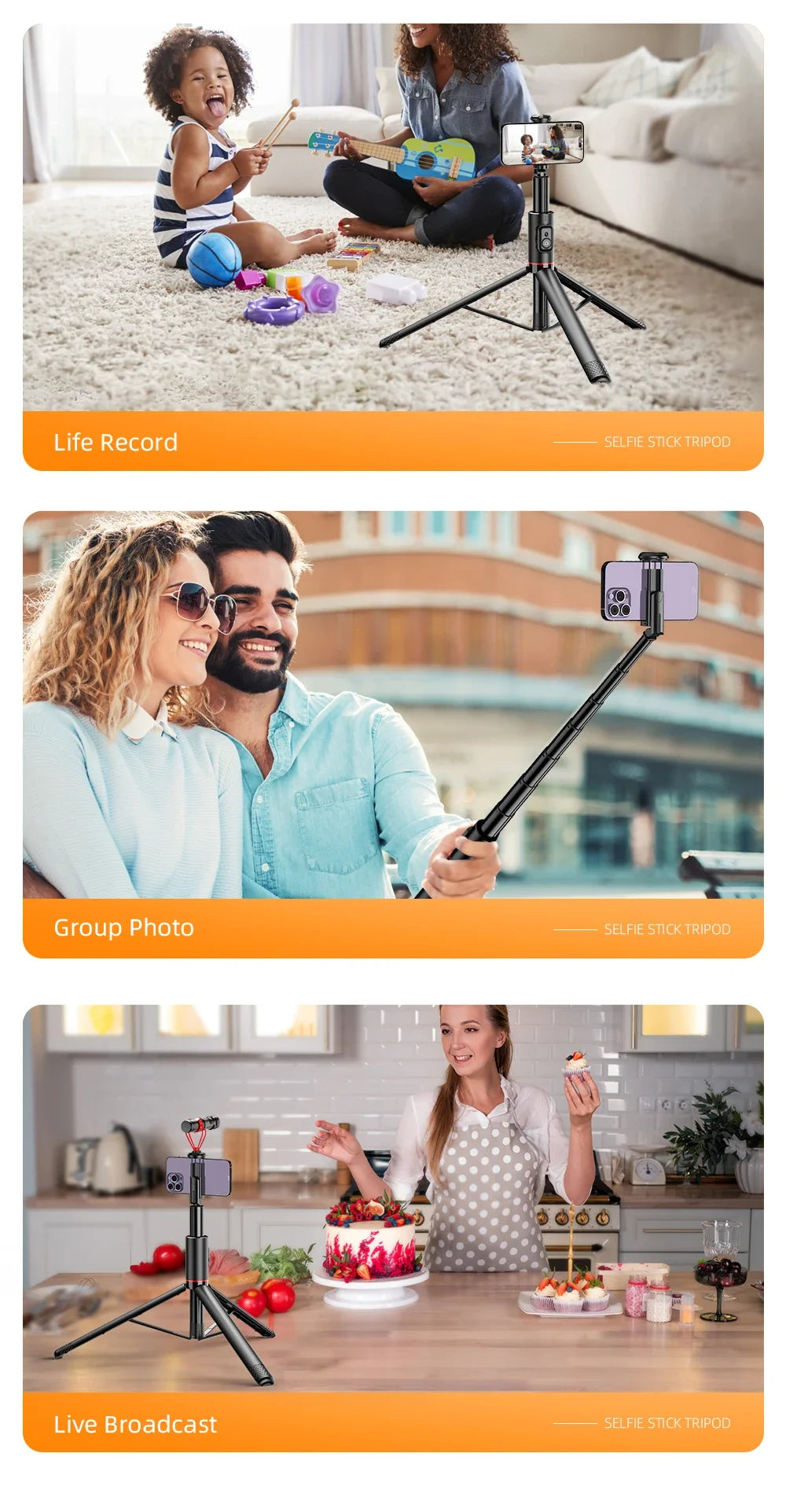 Selfie Stick 1.83m Aluminum Alloy Telescopic Stick Tripod with Bluetooth Remote for Smartphones Video Recording Live Streaming